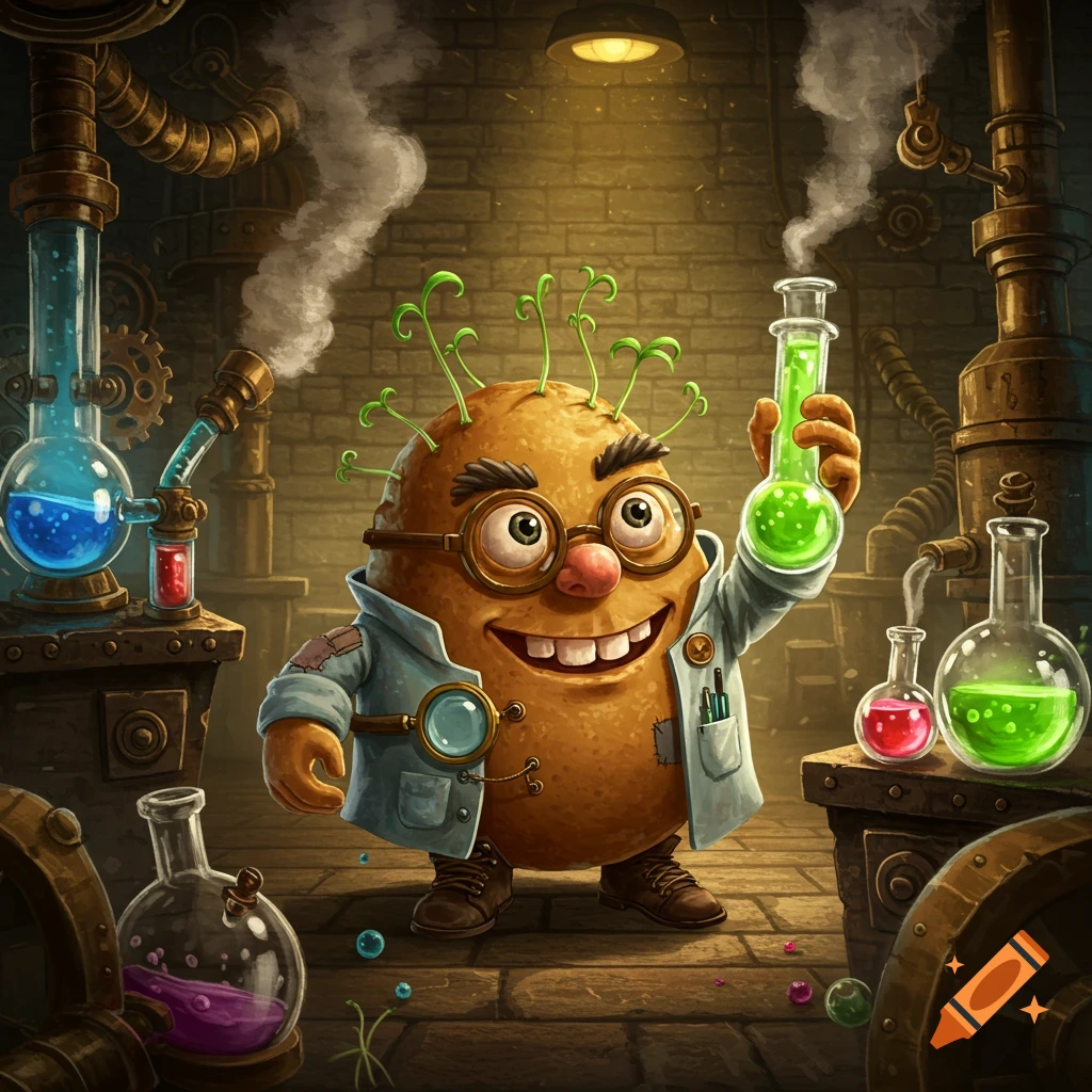 A whimsical cartoon potato mad scientist in a lab coat and goggles holds a glowing green test tube in a steampunk laboratory.