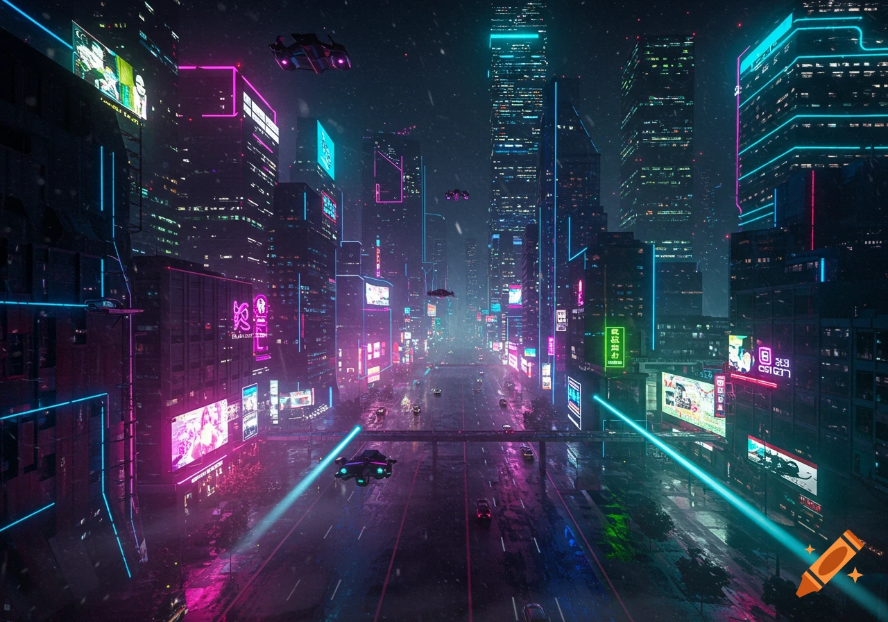 A futuristic cyberpunk city at night, with towering skyscrapers illuminated by vibrant neon lights in shades of pink, purple, and blue. Flying vehicles are visible above a wet street.