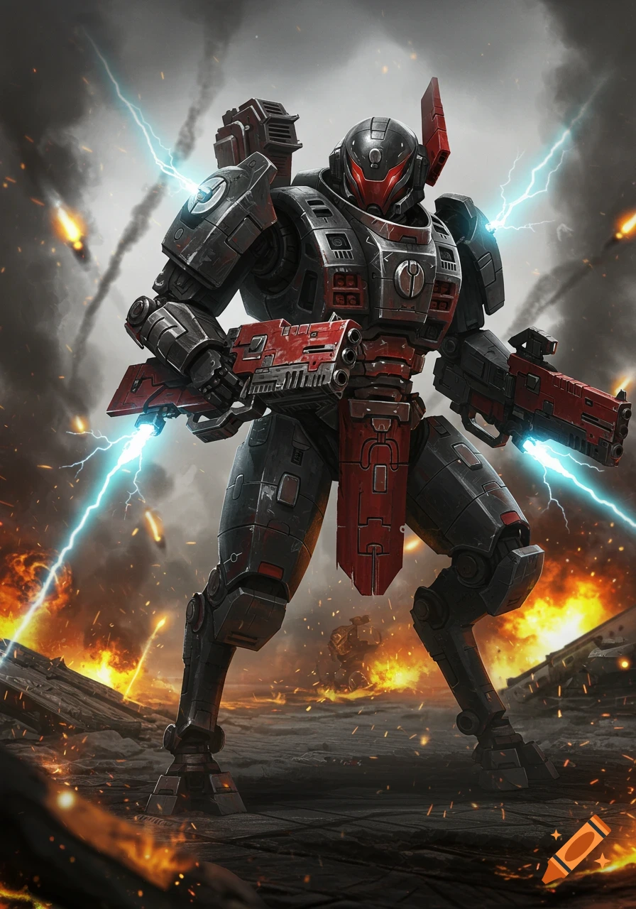 A detailed digital art image of a Tau Crisis Battlesuit standing in a fiery, smoky battlefield with lightning.