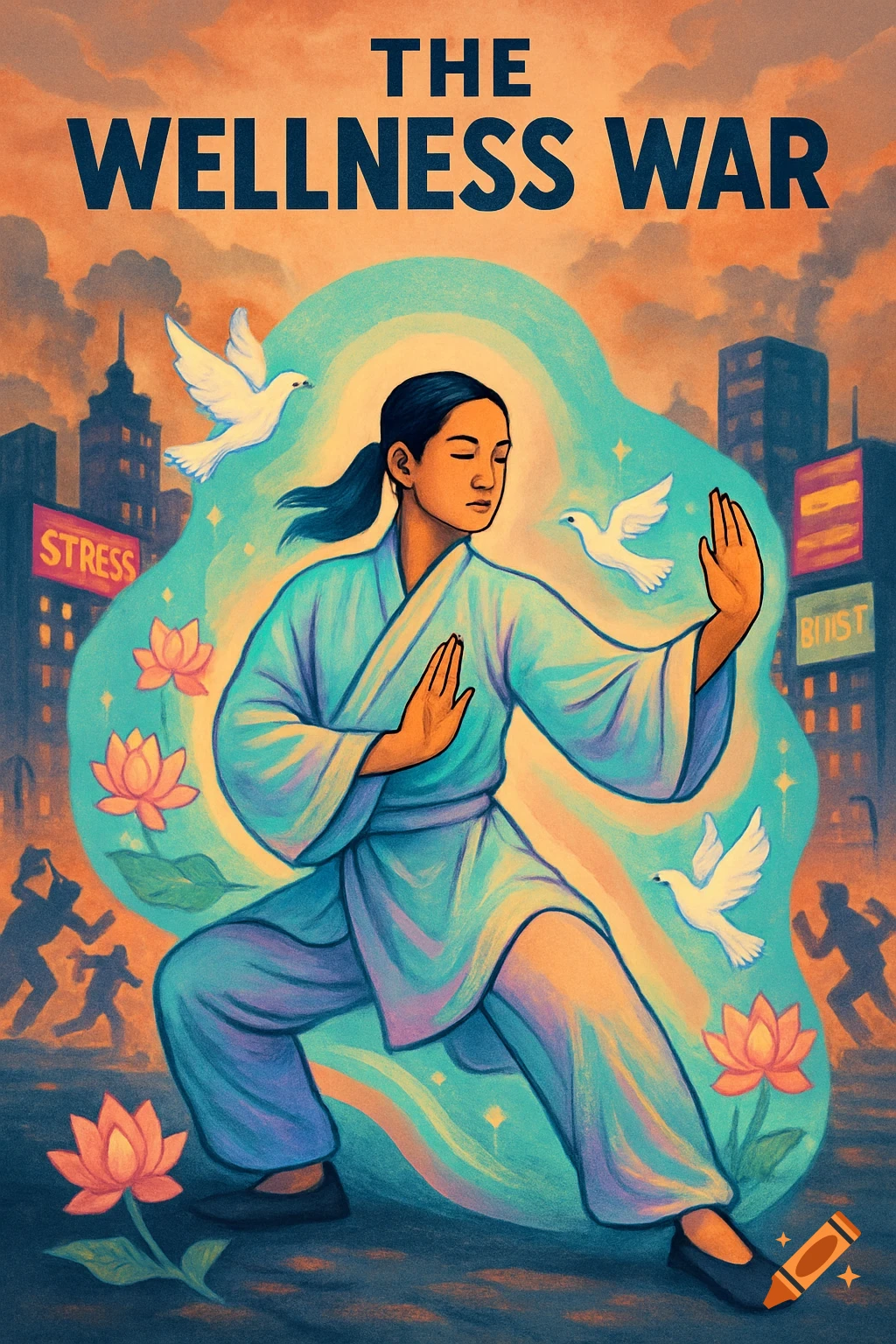 A poster depicting a person in a serene tai chi pose, surrounded by glowing teal aura, doves, and lotus flowers, set against a background of a city skyline with buildings and shadowy figures. Text reads "THE WELLNESS WAR" at the top.