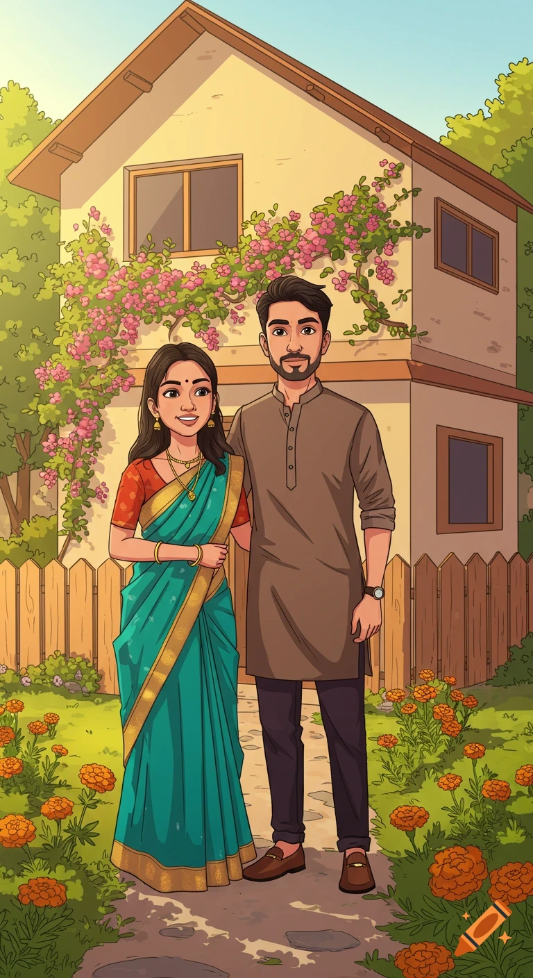 A cartoon-style illustration of a young Indian couple, the woman in a teal sari and the man in a brown kurta, standing in front of their house with a blooming garden.
