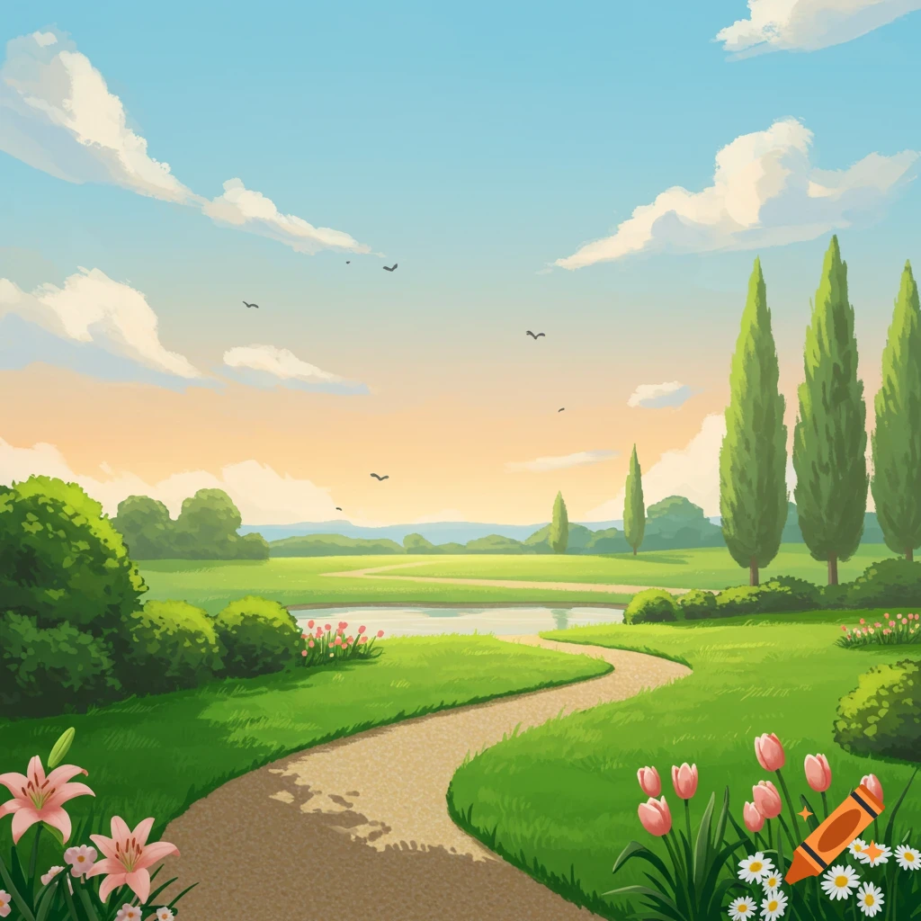 A peaceful illustration of a green landscape with a winding path, a calm pond, tall trees, and colorful flowers under a cloudy sky.