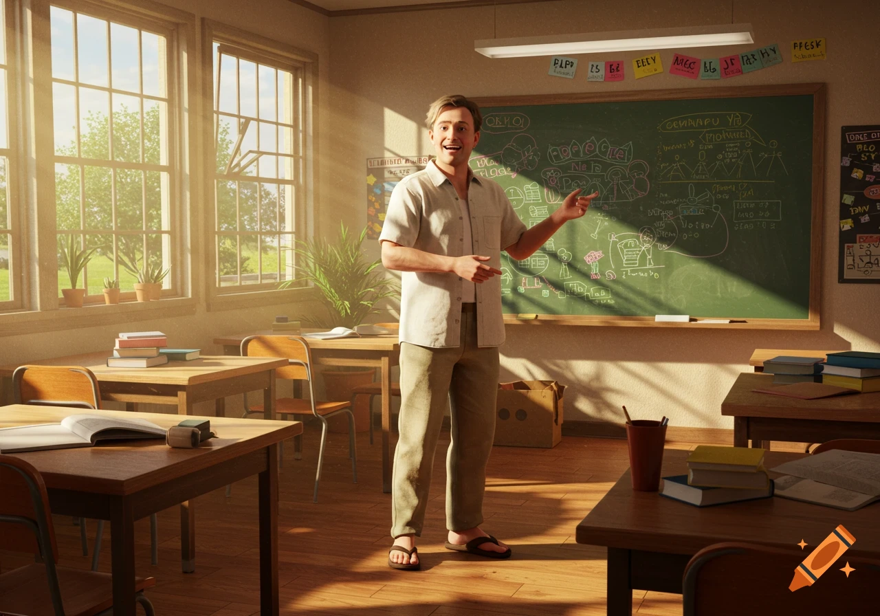 Photorealistic image of a male teacher in flip-flops, standing in a sunny classroom, pointing towards a blackboard.