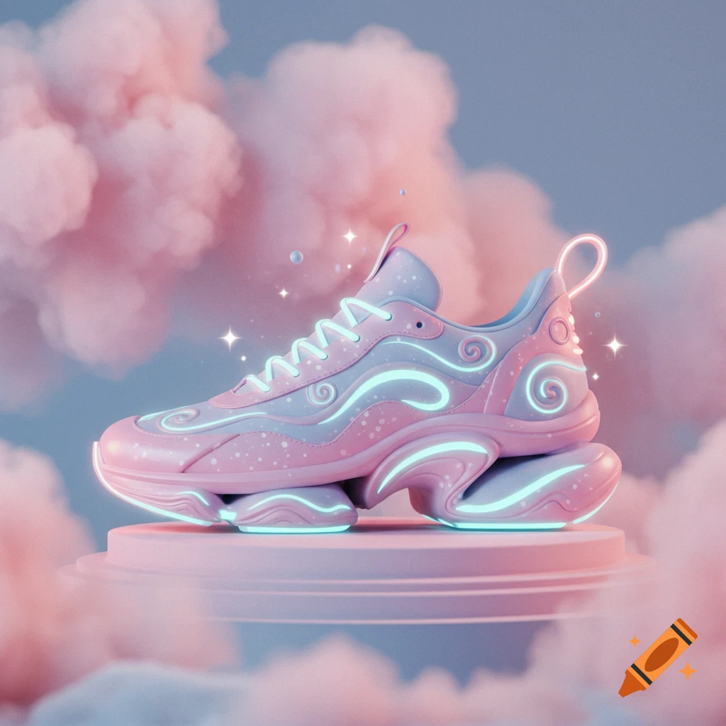A whimsical, futuristic pink and light blue sneaker with glowing elements and swirls, set on a pastel pink pedestal surrounded by dreamy pink clouds.