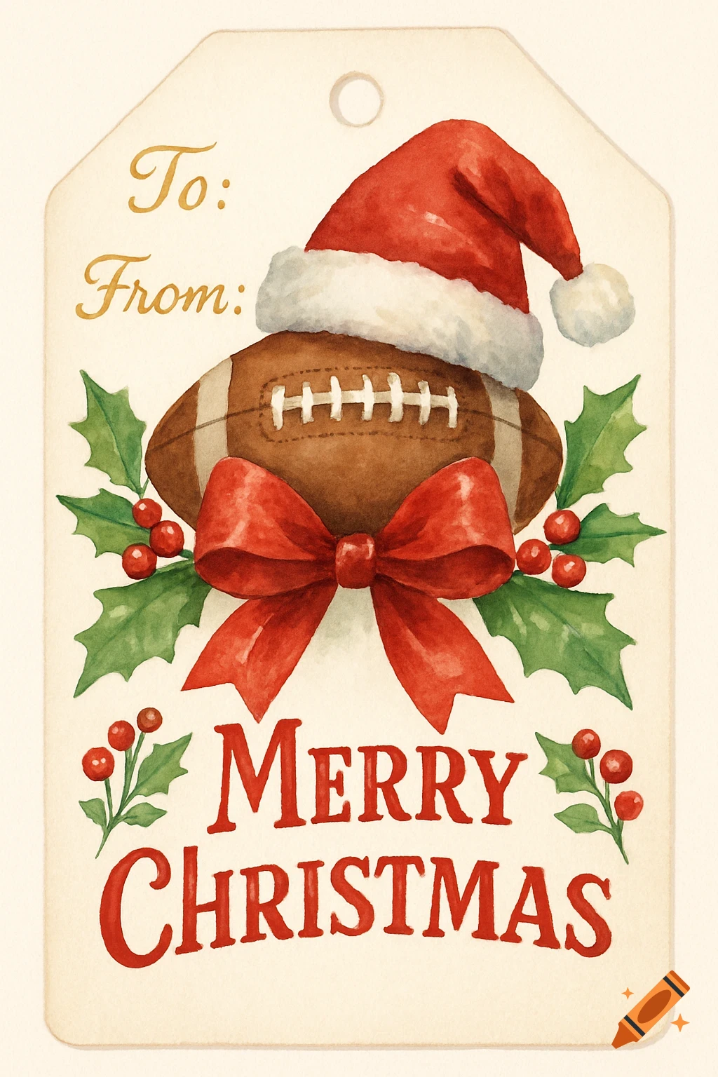 A watercolor gift tag featuring a football wearing a Santa hat, a red bow, and holly, with text "To:", "From:", and "Merry Christmas".