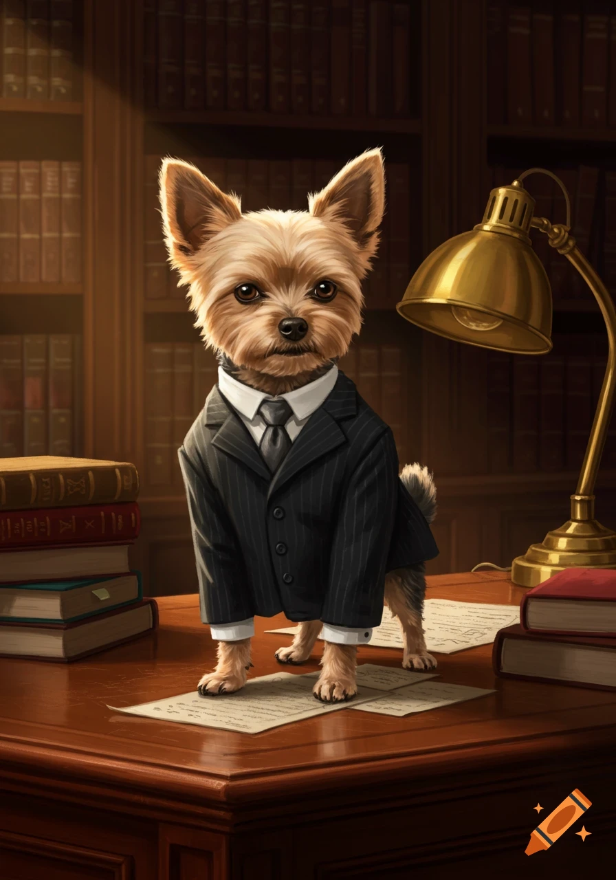 A cute Yorkshire Terrier dog wearing a pinstripe suit and tie, standing on a wooden desk with papers and books in a library.