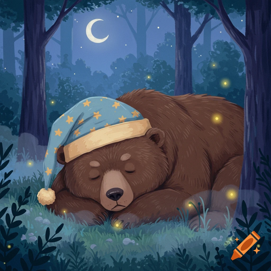 A cute brown bear sleeps soundly in a blue starry nightcap in a dark forest at night, illuminated by a crescent moon and fireflies. Illustration style.
