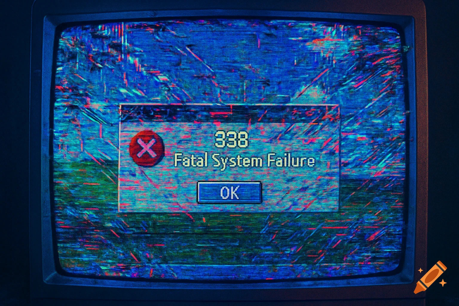 A vintage CRT monitor displays a pixelated blue screen with a Windows XP-style error message reading '338 Fatal System Failure' and an 'OK' button, surrounded by red and blue digital distortion and static.