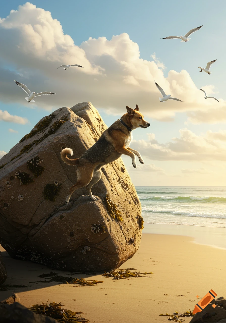 A dog stands on a large rock on a sandy beach with the ocean waves in the background and seagulls flying overhead at sunset.