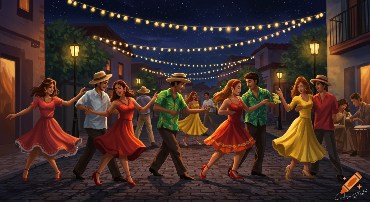 Vibrant illustration of people salsa dancing in a festive street at night, illuminated by string lights.