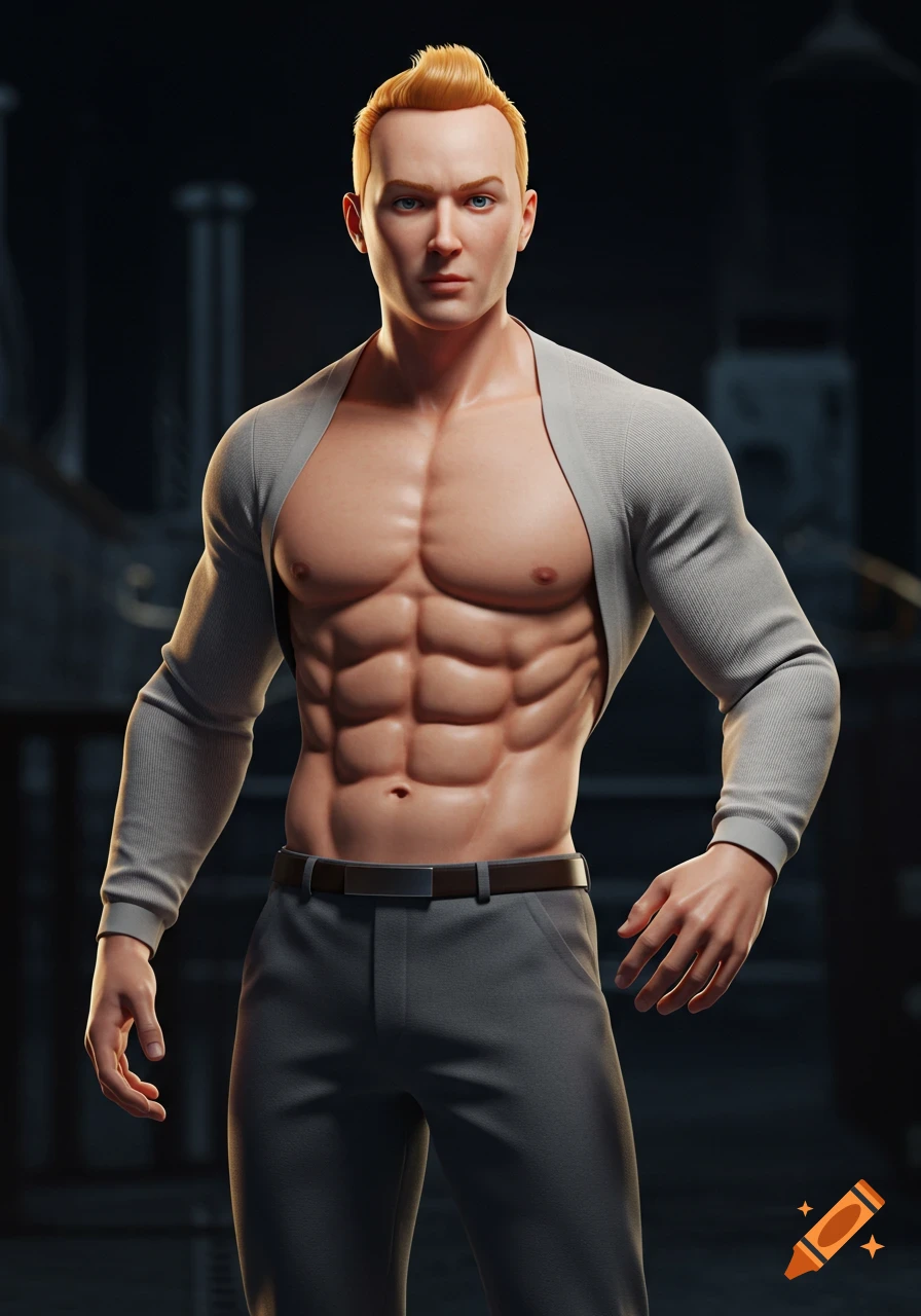 A muscular, adult Tintin-like character with a six-pack, wearing an open grey cardigan and pants, standing confidently in a dark, stylized setting.