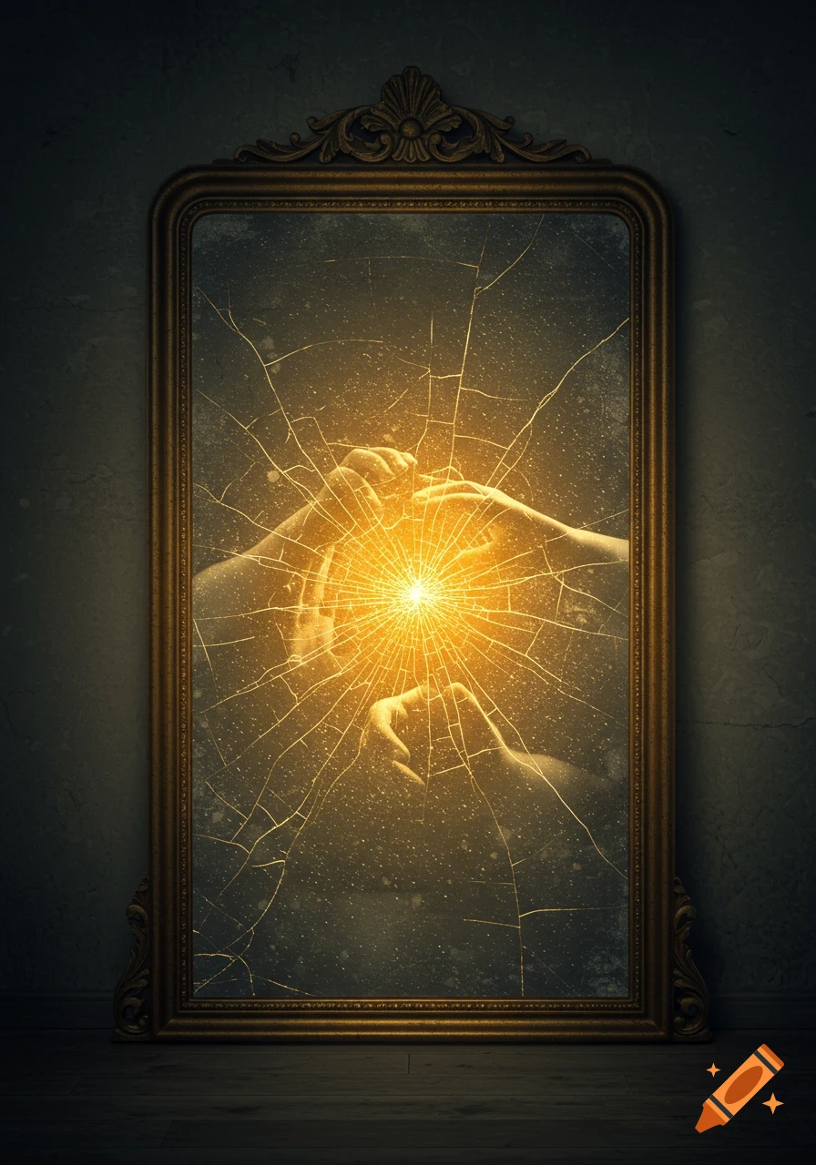 An antique mirror with an ornate golden frame shows hands glowing with golden light through spiderweb cracks in a dark, textured room.