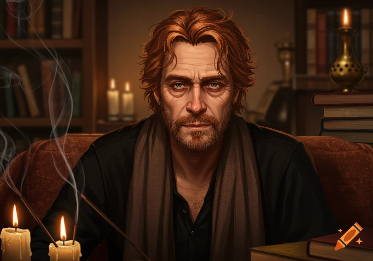 Illustration of a rugged, red-haired man with a beard and scarf, sitting in a candlelit room with incense and books.