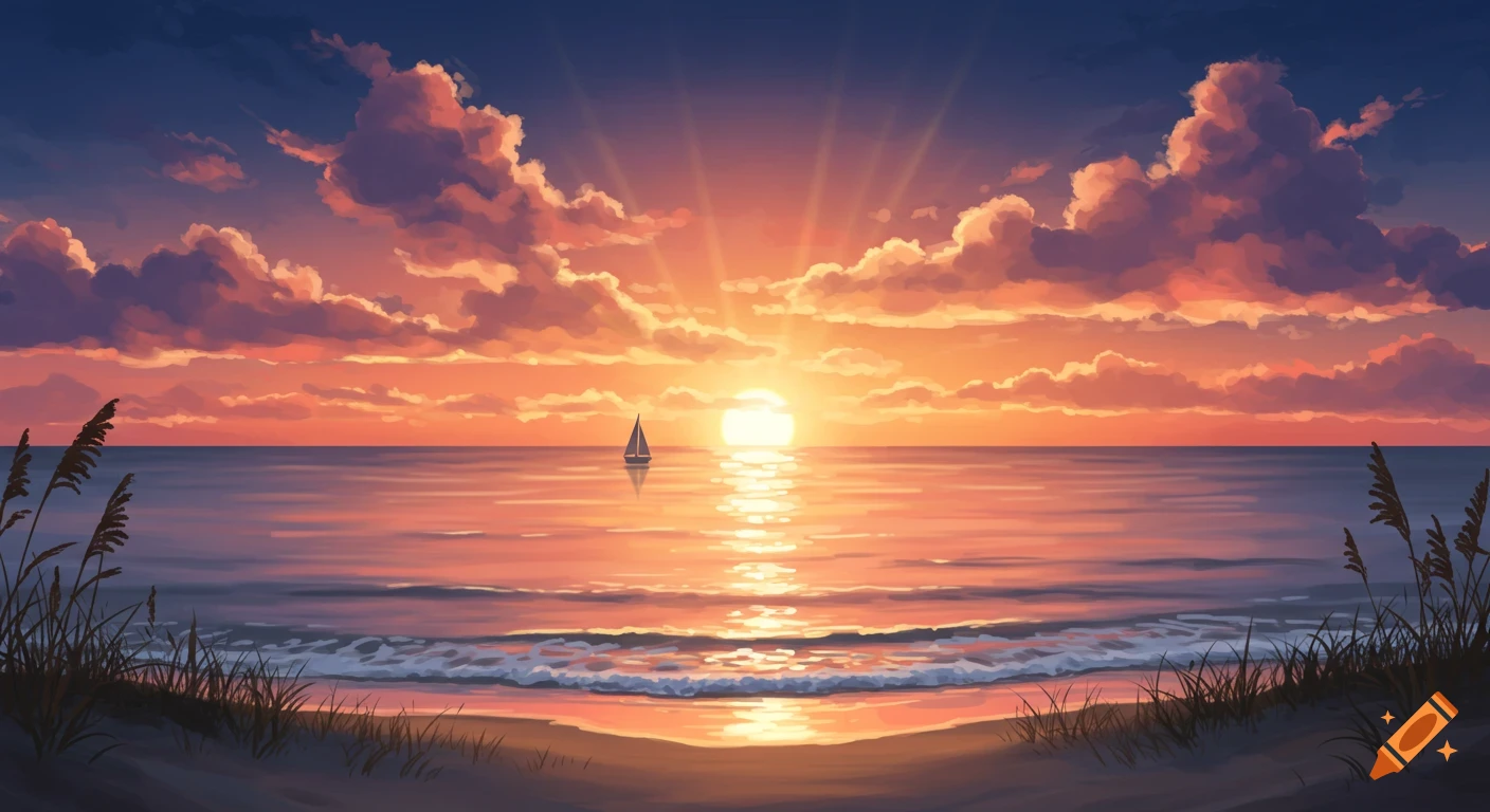 Anime-style illustration of a vibrant sunset over the ocean with a sailboat and beach grass.