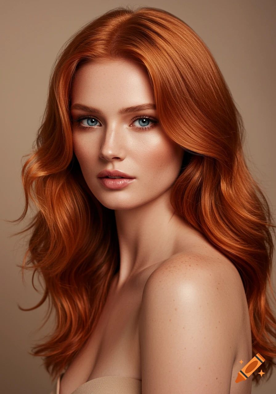 Photorealistic portrait of a woman with long, tousled red hair and striking blue eyes, gazing intently at the camera.