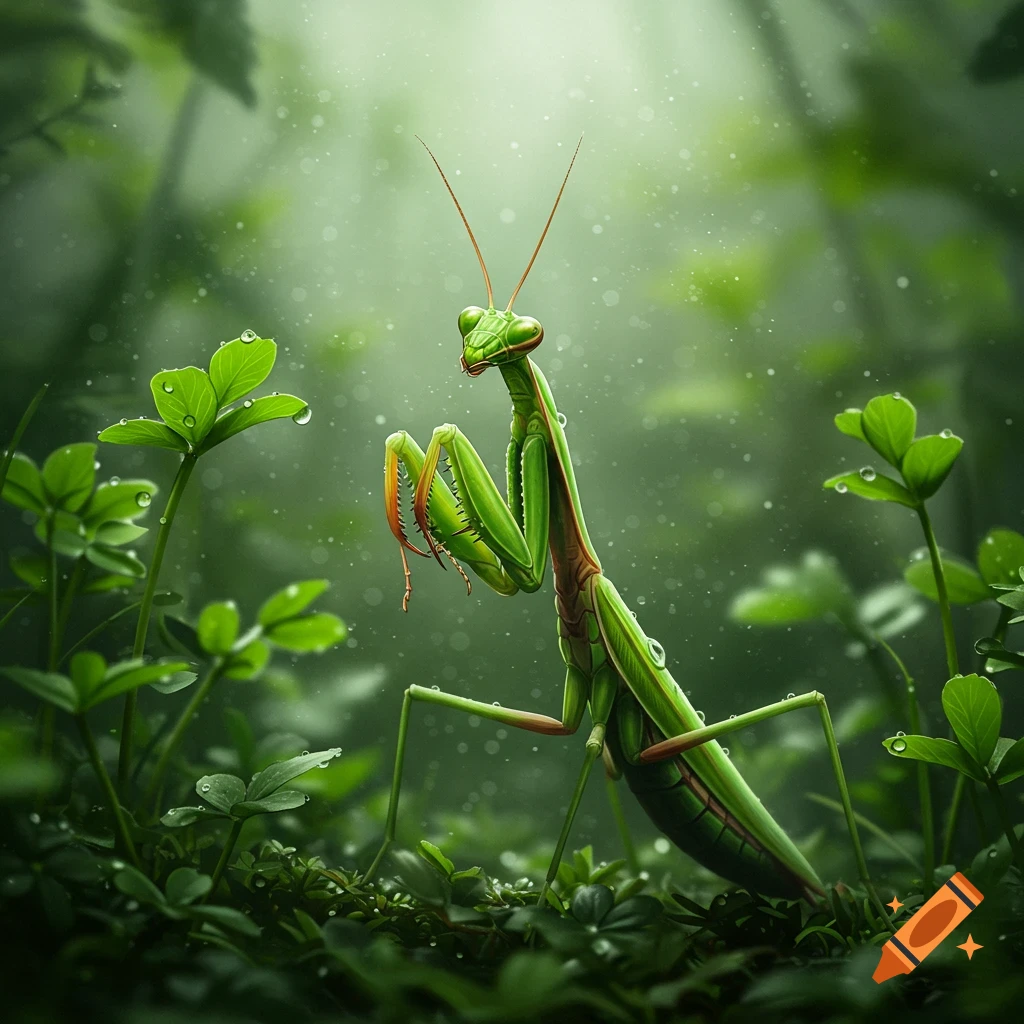 A vibrant green praying mantis stands tall among dew-covered green plants in a soft, misty forest.