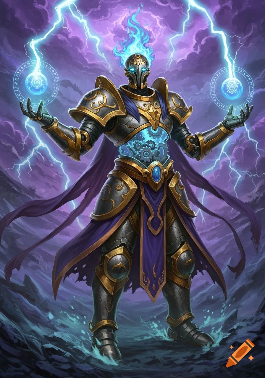 An armored robotic figure with a glowing blue flame head and visible gears in its chest, wielding blue lightning and magic orbs.