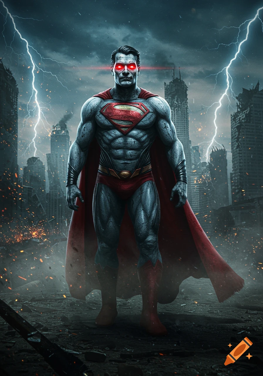 Hyper-realistic image of a Bizarro-like Superman with gray skin and red eyes standing menacingly in a destroyed city under a stormy, lightning-filled sky.