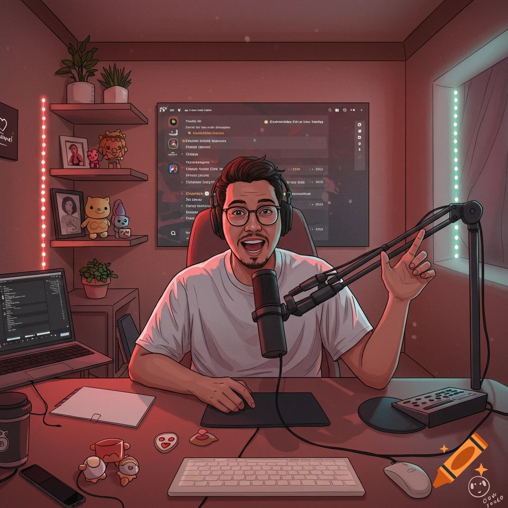 A cartoon illustration of a man with glasses and headphones, sitting at a desk with a microphone in a lit room, appearing to stream.