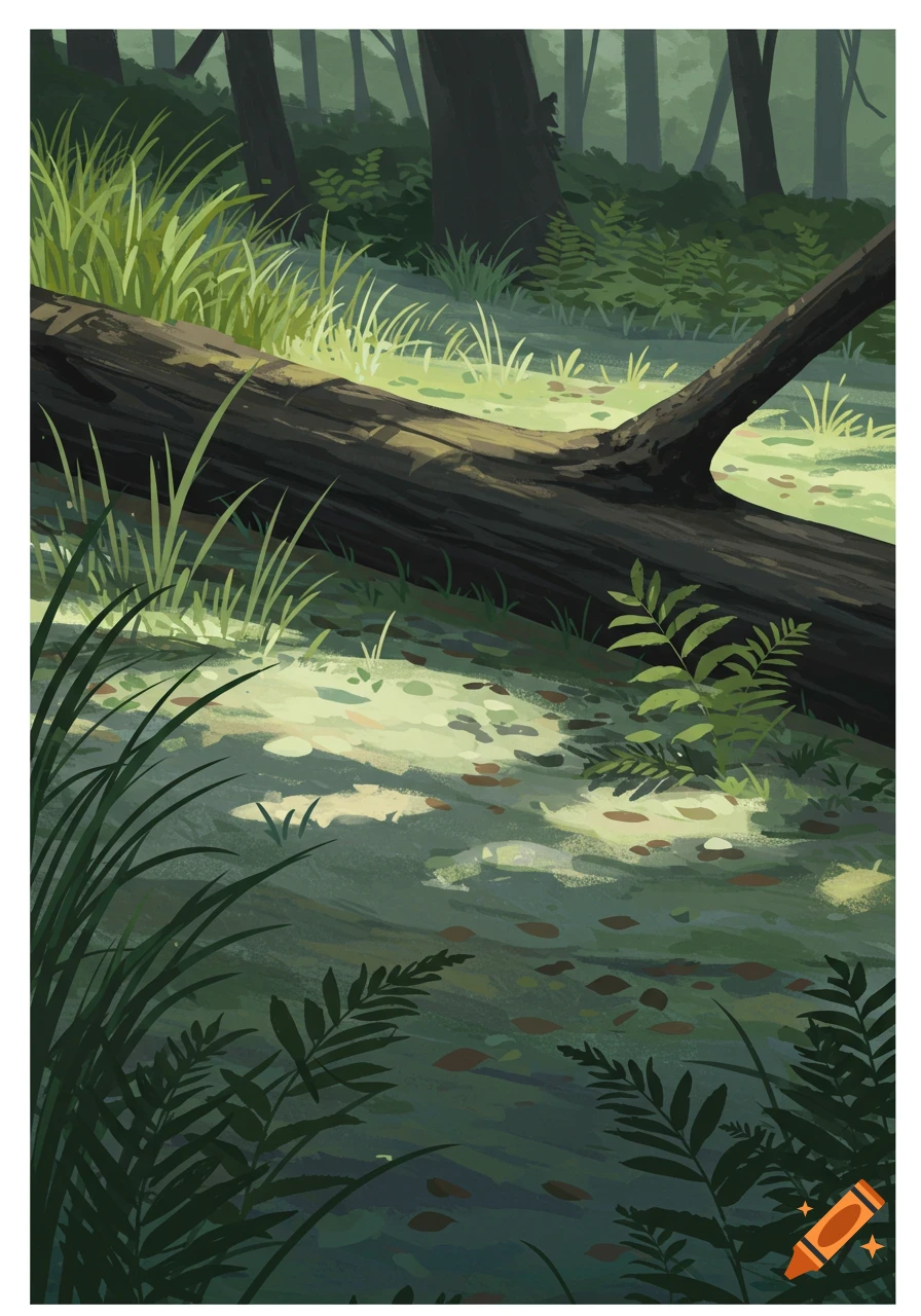 An illustrated forest scene with a large fallen log across the foreground, dappled with sunlight.