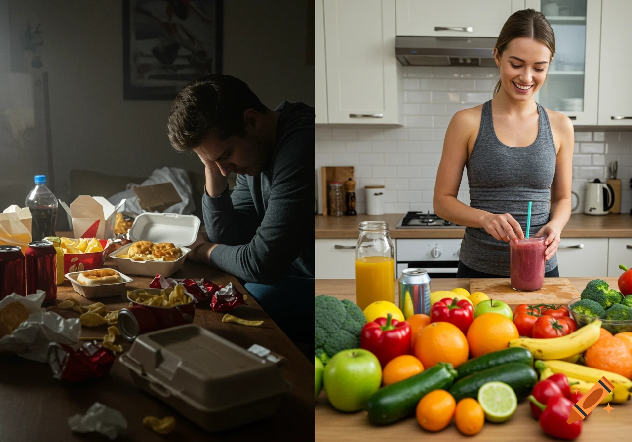 Split image showing a sad man surrounded by junk food on the left, and a happy woman preparing a healthy smoothie with fresh produce on the right.