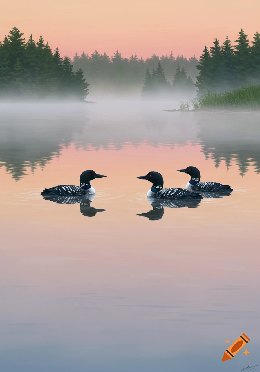 Three loons with distinctive black and white patterns float on a calm, misty lake at sunrise, with a pine forest background, painted.