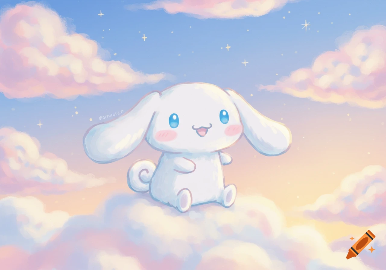 A cute white Cinnamoroll character with big floppy ears and blue eyes sits smiling on pink and blue clouds in a pastel sky.