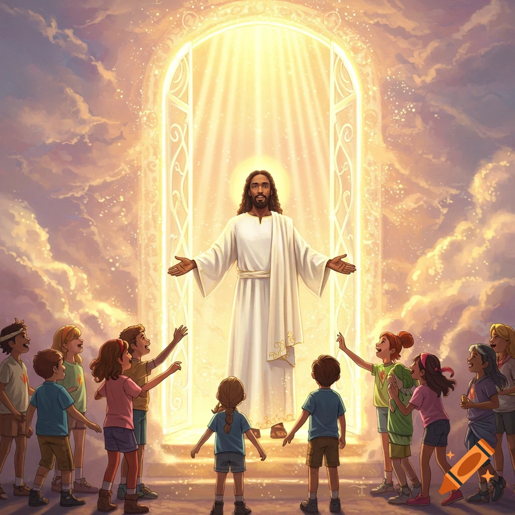 Jesus in white robes stands in a glowing archway, welcoming a group of children in an illustrative style.