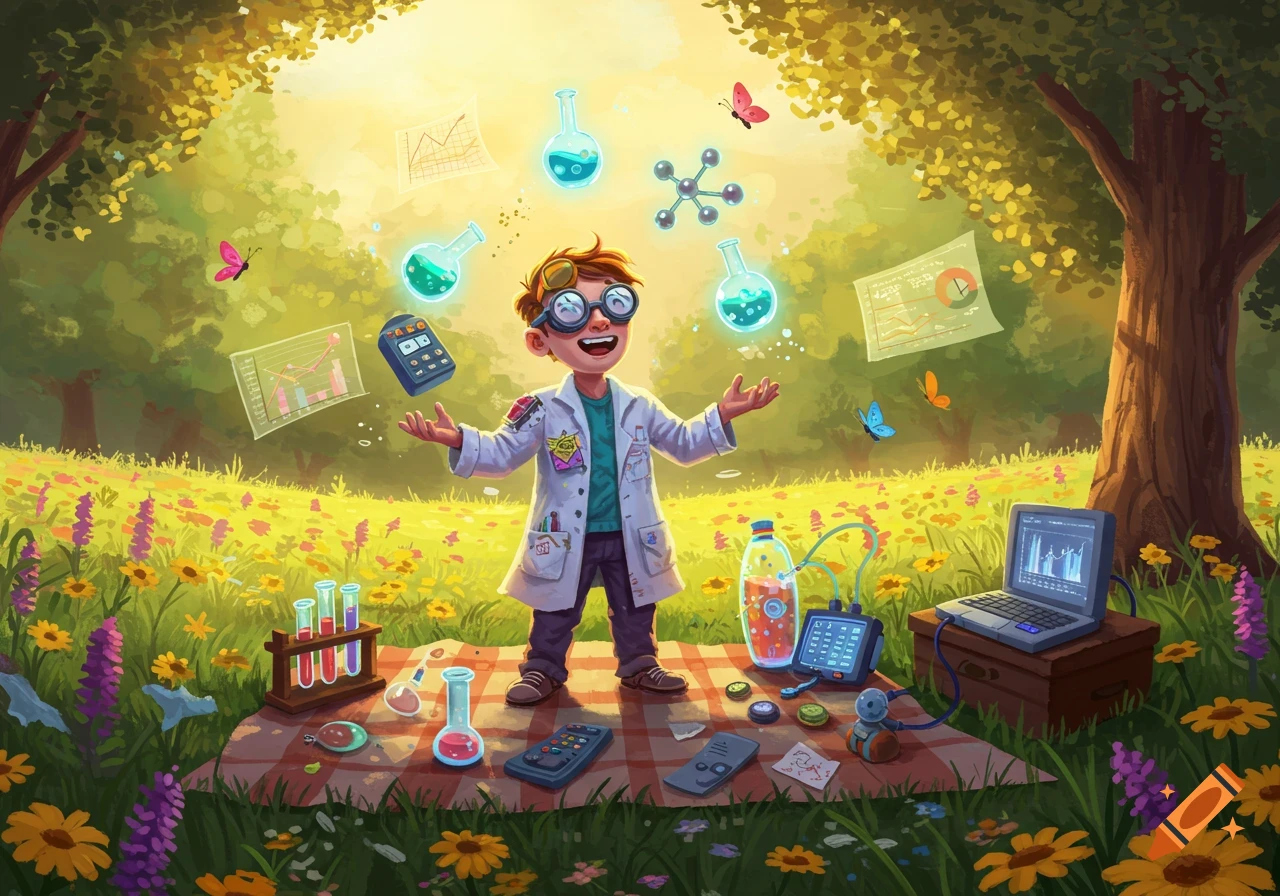 A whimsical illustration of a happy young boy scientist in a lab coat and goggles, magically levitating beakers and scientific diagrams in a sunny meadow.