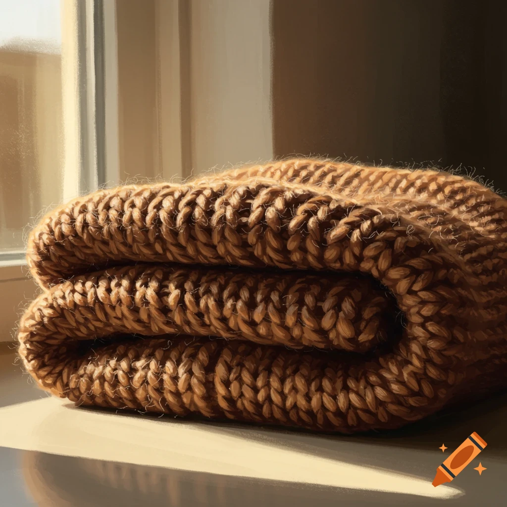 A folded brown knitted blanket or textile, illuminated by sunlight from a window, showing detailed texture.