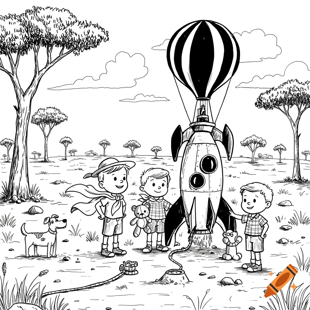 Black and white cartoon drawing of three boys and a dog with a hot air balloon rocket in a field.