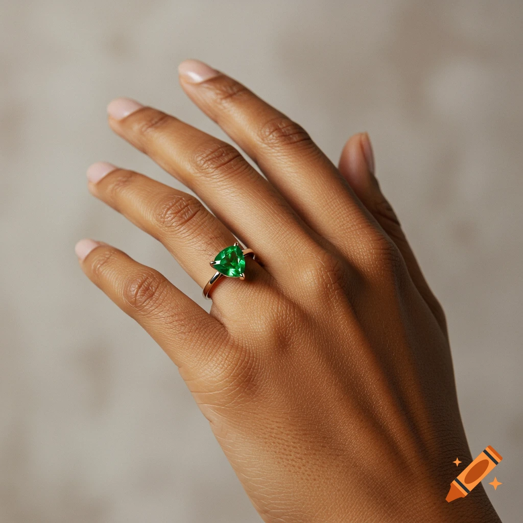 A close-up, realistic image of a hand wearing a gold ring with a vibrant green trillion-cut gemstone.