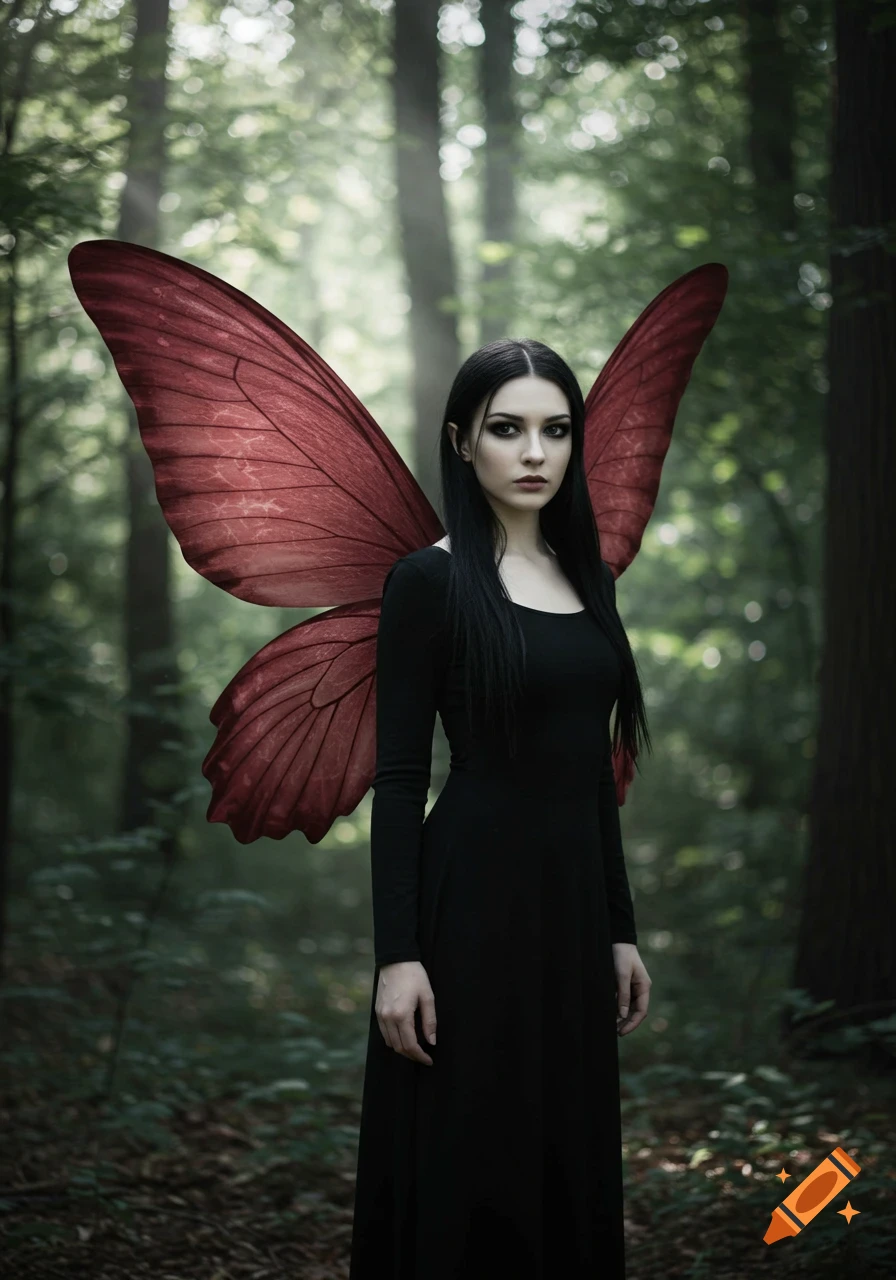 Dark-haired woman with large red butterfly wings and a black dress stands in a forest.