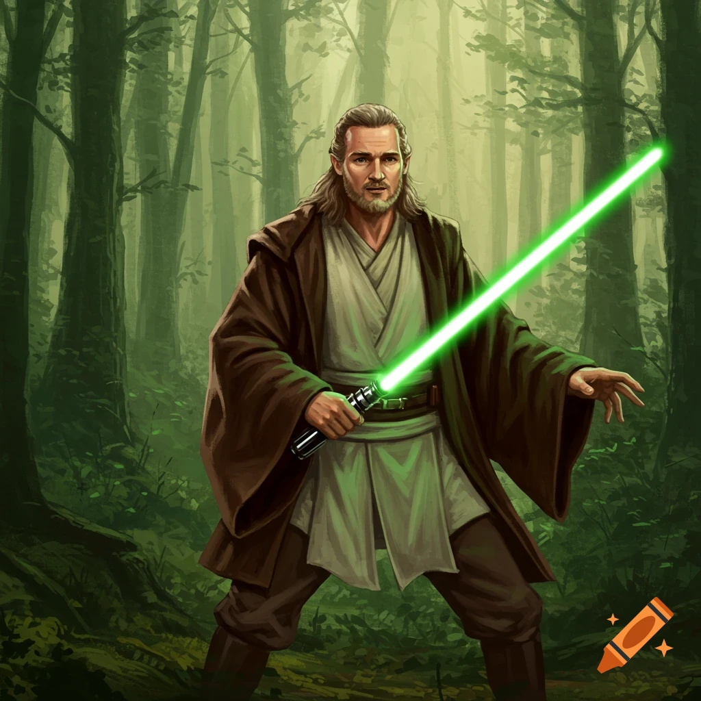 A long-haired man resembling Qui-Gon Jinn in robes holds a green lightsaber in a misty forest.