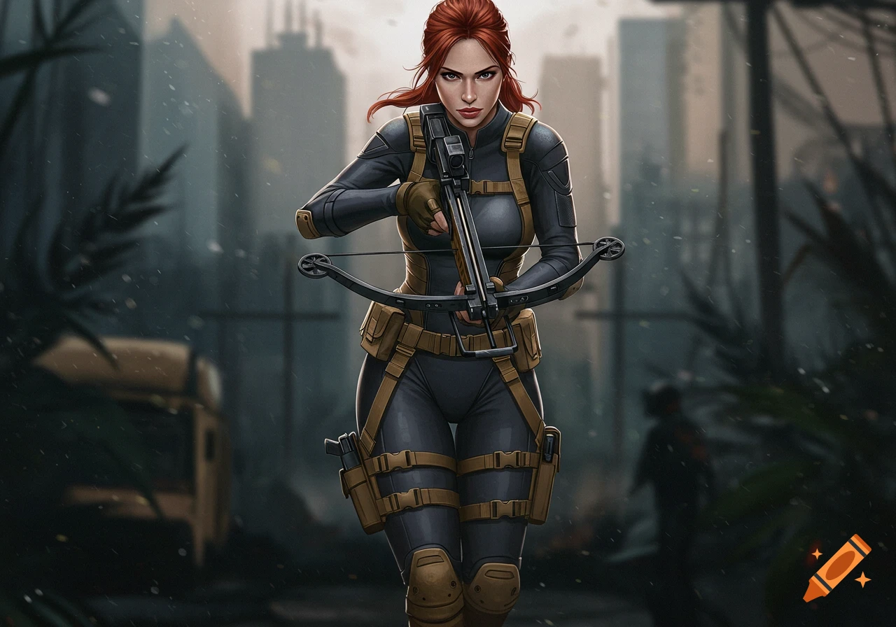 A female operative with red hair in a dark gray bodysuit and tan gear holds a crossbow in an urban, snowy setting. Digital art.