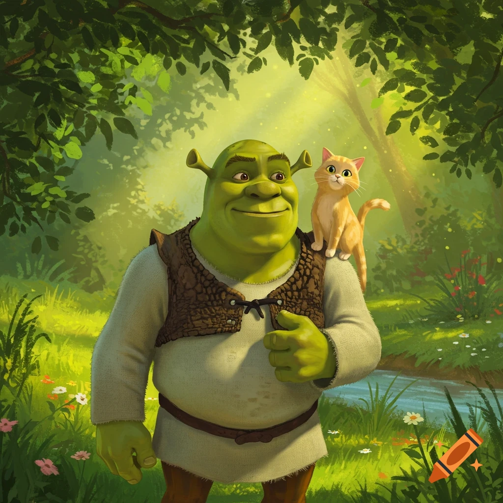 Shrek standing in a vibrant green forest with a small, sandy yellow cat perched on his shoulder, beside a stream.