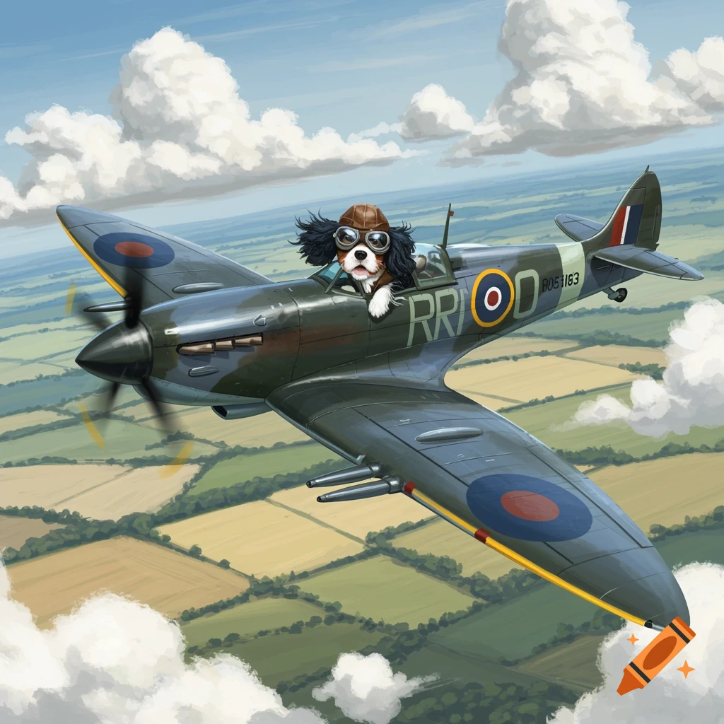 A cute tri-color Cavalier King Charles Spaniel in aviator gear flying a Spitfire over a green and yellow landscape.