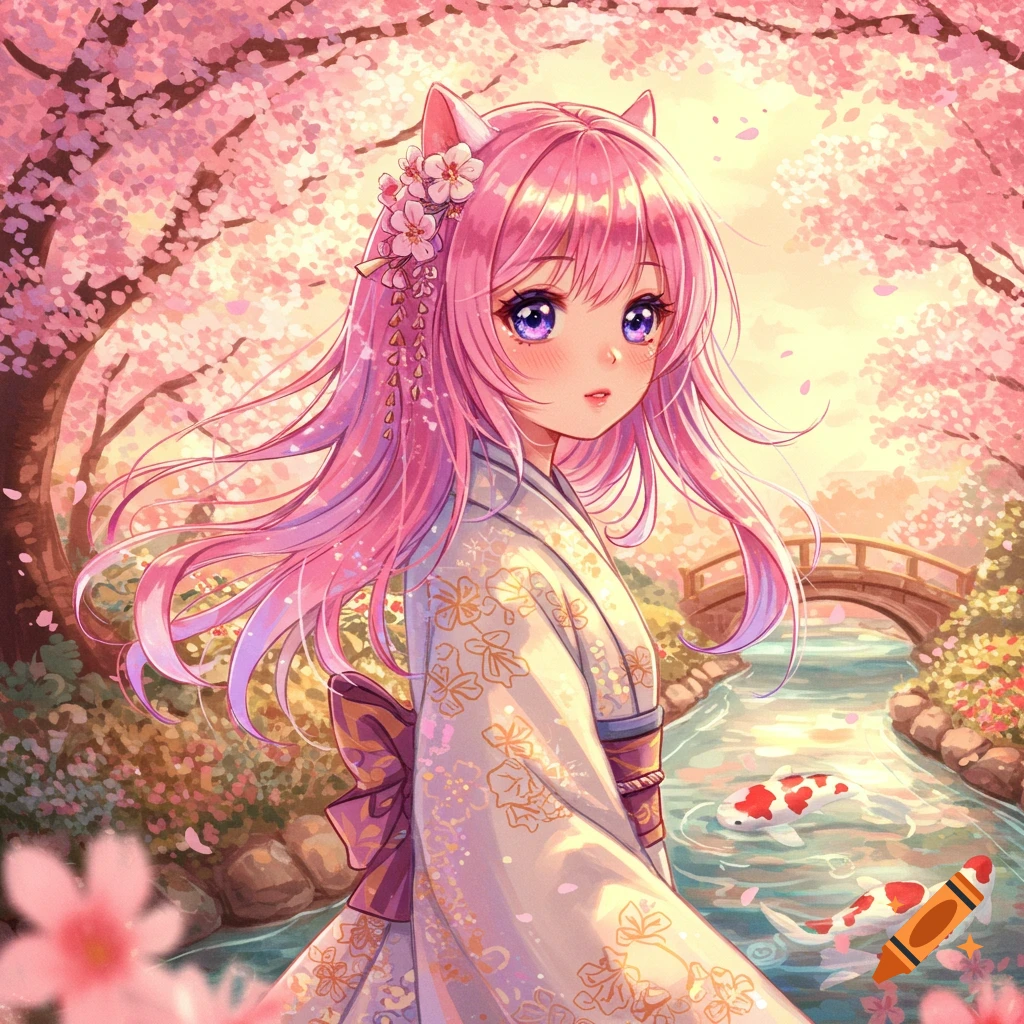 Anime girl with pink hair and cat ears in a kimono in a cherry blossom garden with koi fish and a bridge.