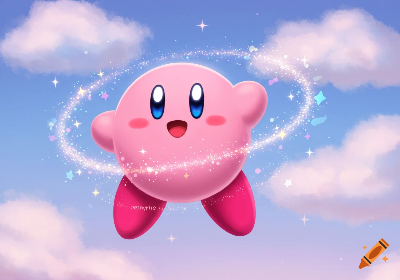 Kirby, a cheerful pink character, floats in a blue sky with fluffy white clouds, surrounded by a swirling trail of glitter and stars.