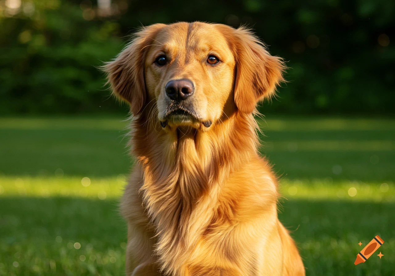 A golden retriever dog sits attentively in a green grassy field, looking directly forward.