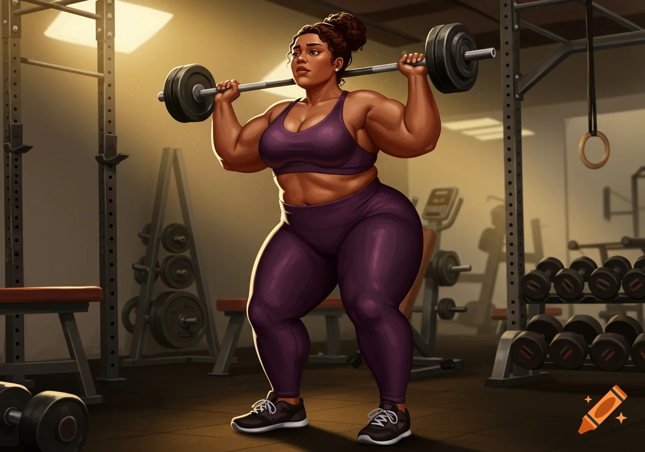 A stylized illustration of a muscular Black woman doing squats with a barbell in a gym.