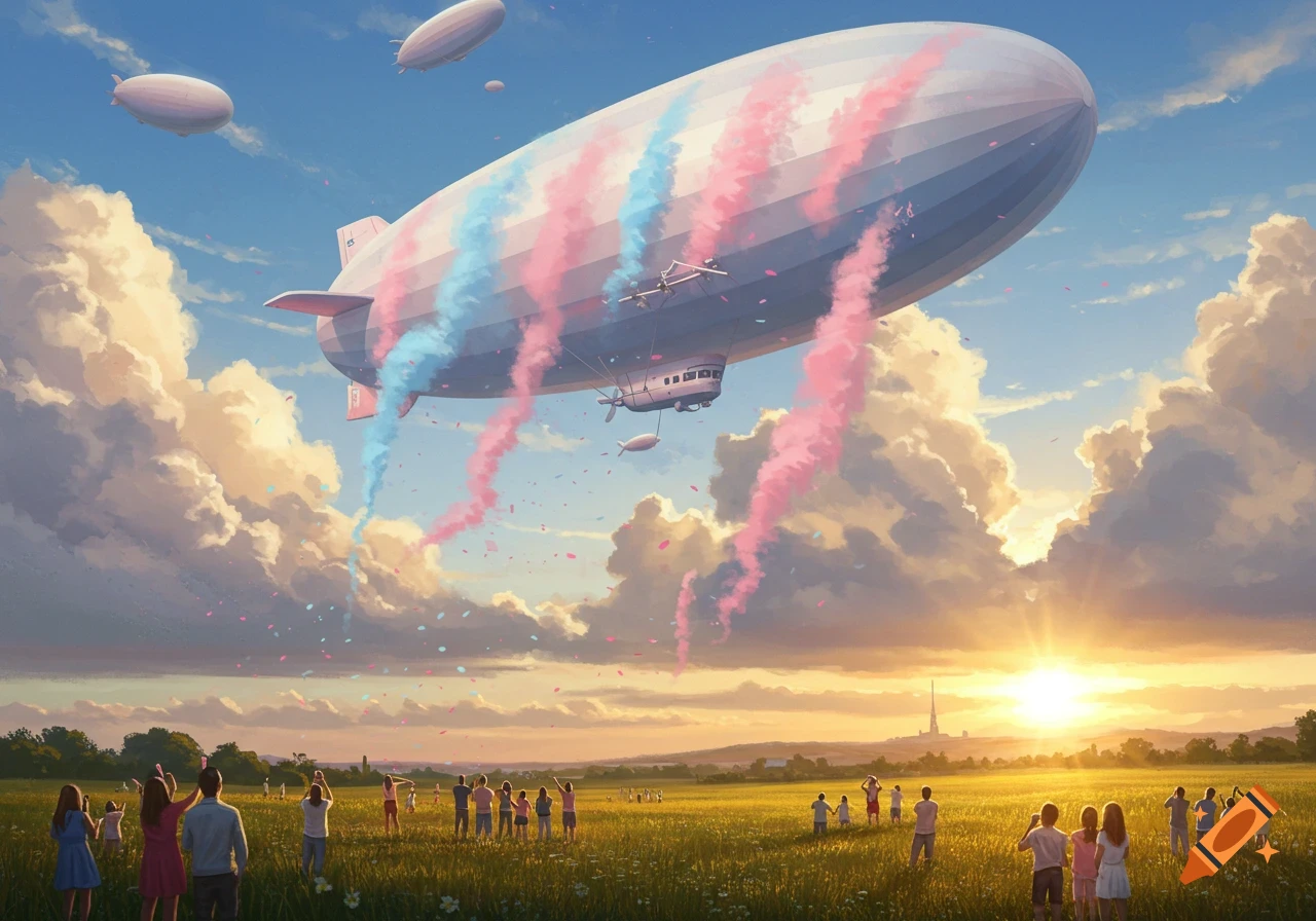 A large blimp releases pink and blue smoke over a field of people watching a gender reveal at sunset.