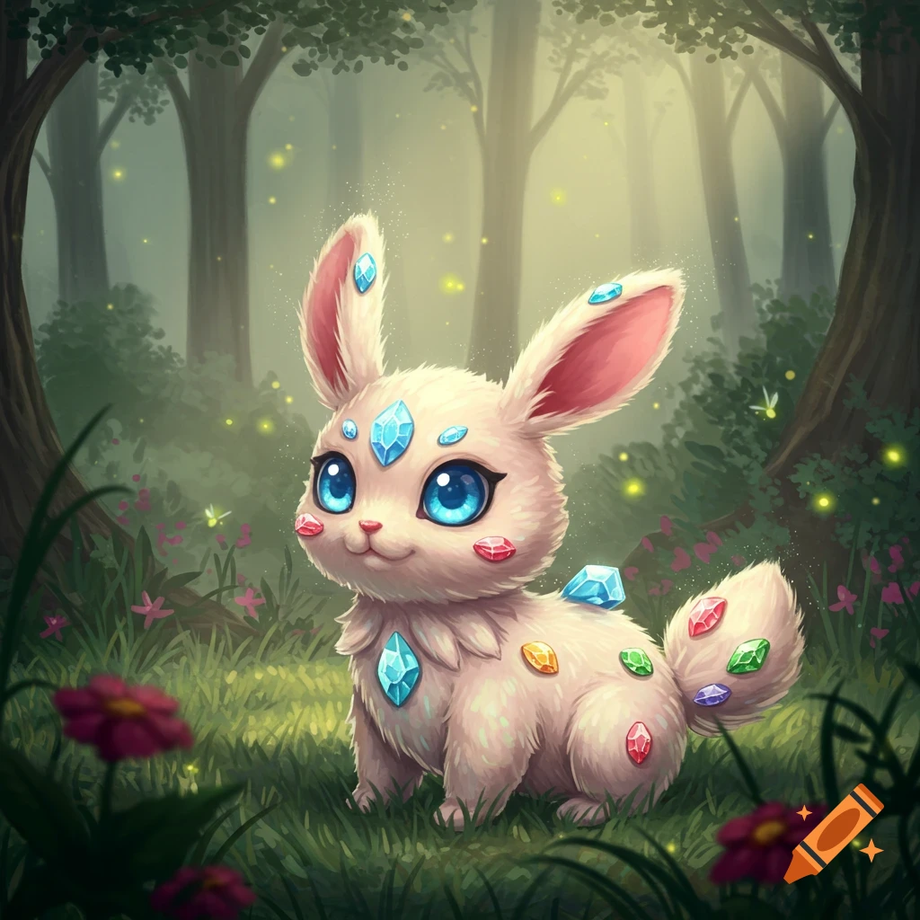 A cute, furry, light-colored creature with large blue eyes and colorful jewels embedded in its fur sits in a mystical forest with fireflies.