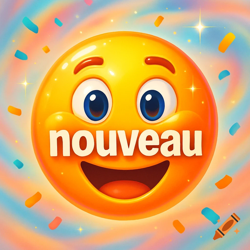 A vibrant, happy yellow emoji with the word 'nouveau' on its face, against a swirling colorful background with confetti.