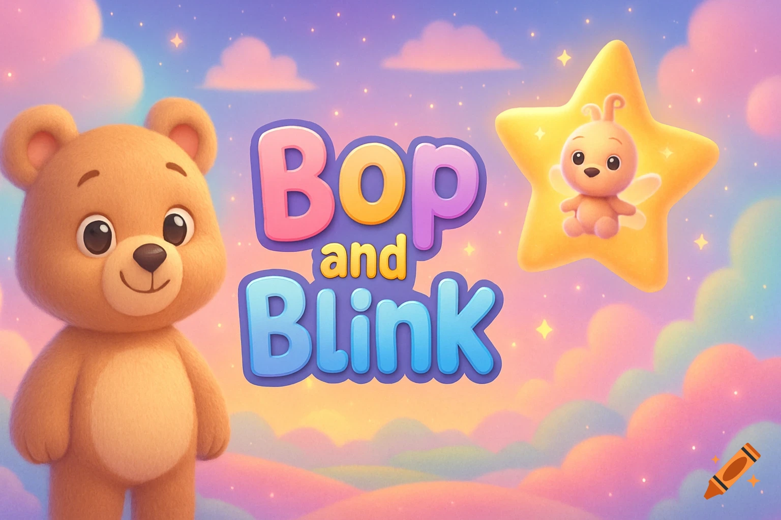 A cute 3D cartoon bear and a tiny creature on a glowing star with the title 'Bop and Blink' in a pastel dreamy sky.