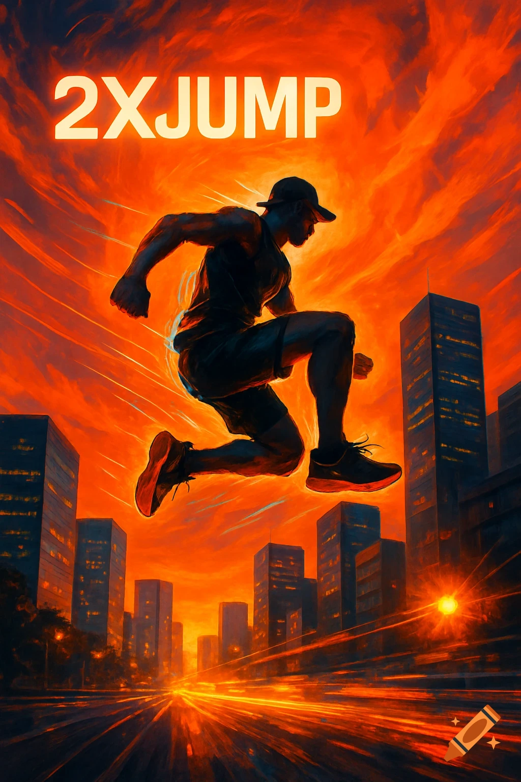 Dynamic illustration of a muscular man jumping over a city street at sunset, with '2XJUMP' text.