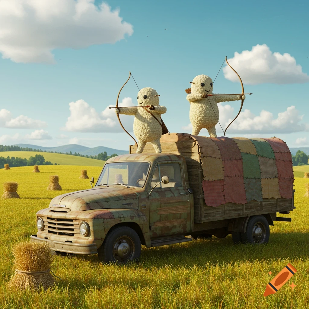 Two woolly archers stand on a rusty farm truck in a sunlit grassy field with hay bales under a blue sky, aiming bows.
