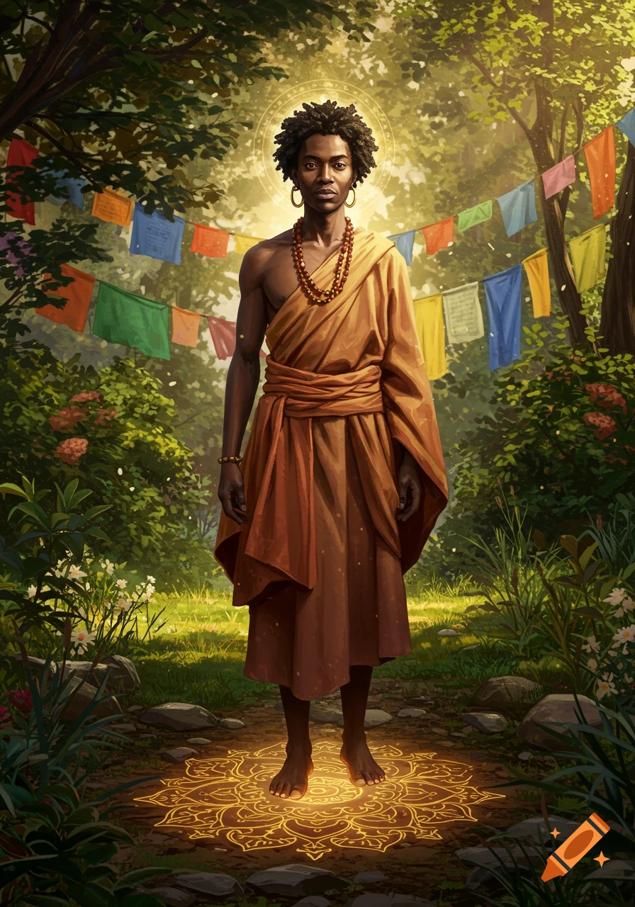 A Black spiritual guide in orange robes stands barefoot on a glowing mandala in a lush forest with prayer flags overhead and a halo of light.