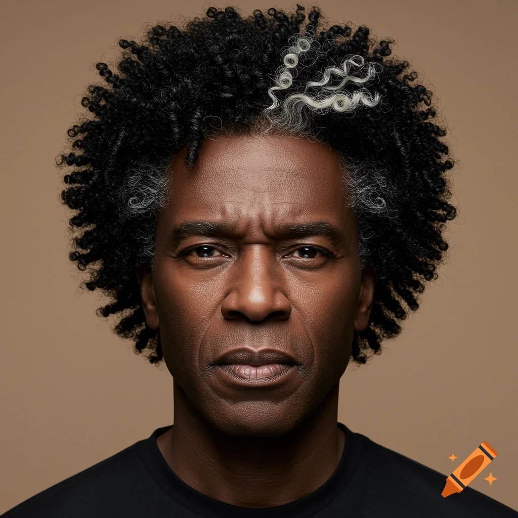 A close-up, photorealistic portrait of a middle-aged man with black curly hair and a distinct streak of white hair.