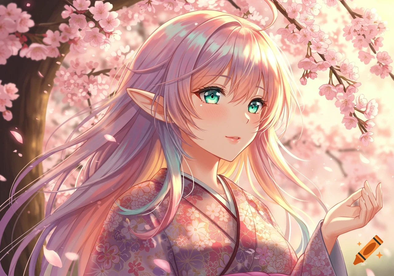 An anime elf girl with long lavender hair and green eyes in a floral kimono among pink cherry blossoms.